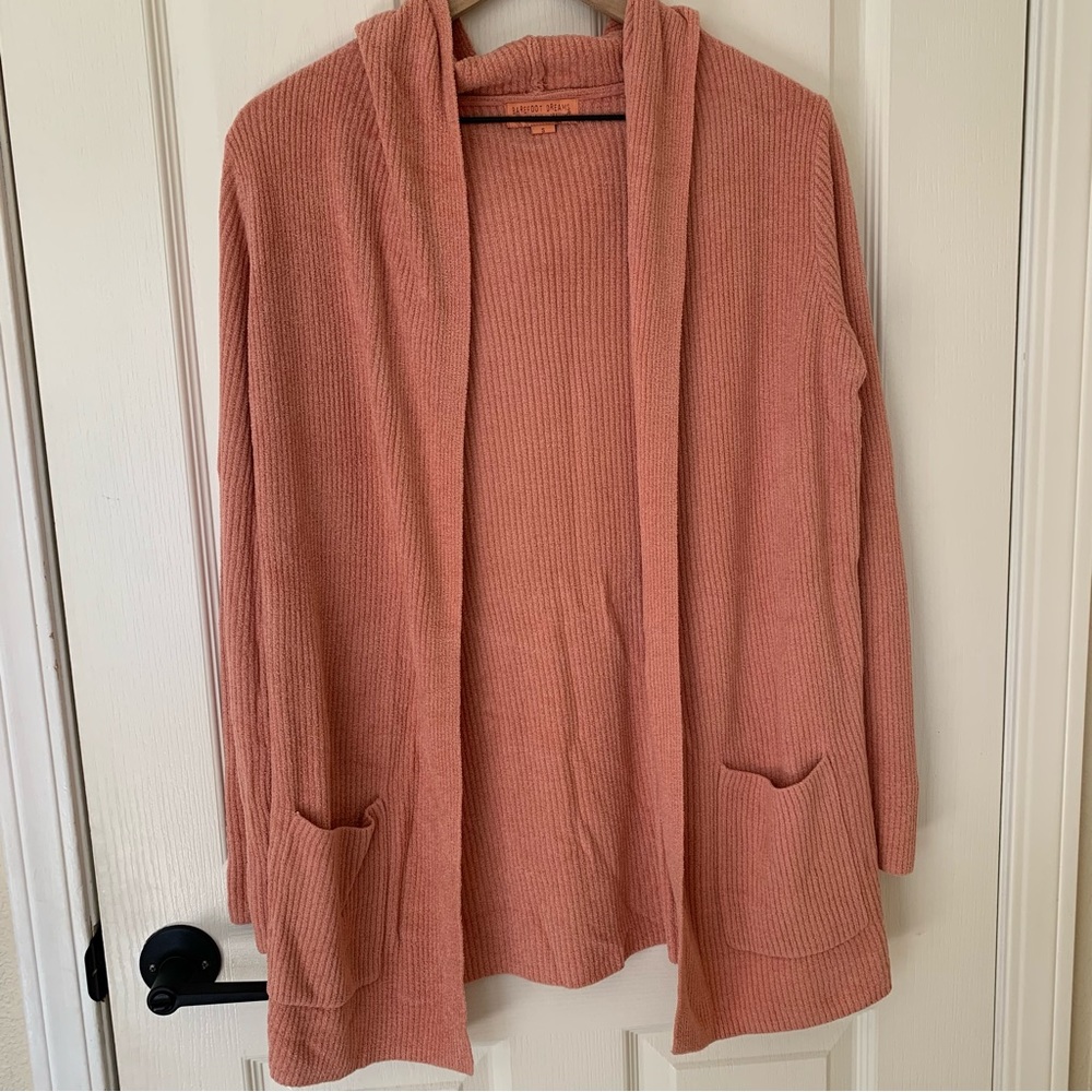 Barefoot Dreams CozyChic UltraLite Ribbed Hooded Long Cardigan Pink Soft Small